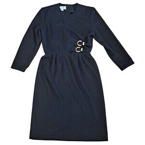 Vintage Blouson Dress Black Gold Buckles Wool Blend Midi Long Sleeve Size 12